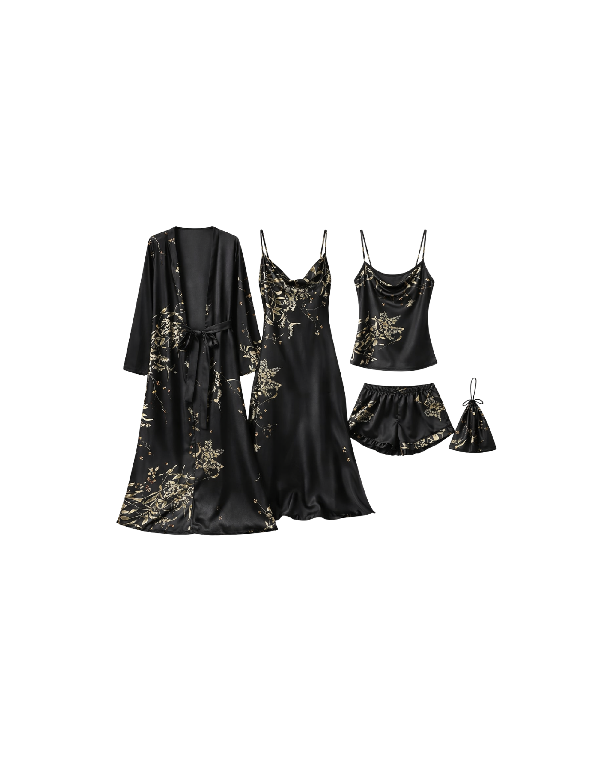 ENSEMBLE SATIN FLORAL NOIR 4 PIÈCES – KIMONO, TOP, SHORT & POCHETTE