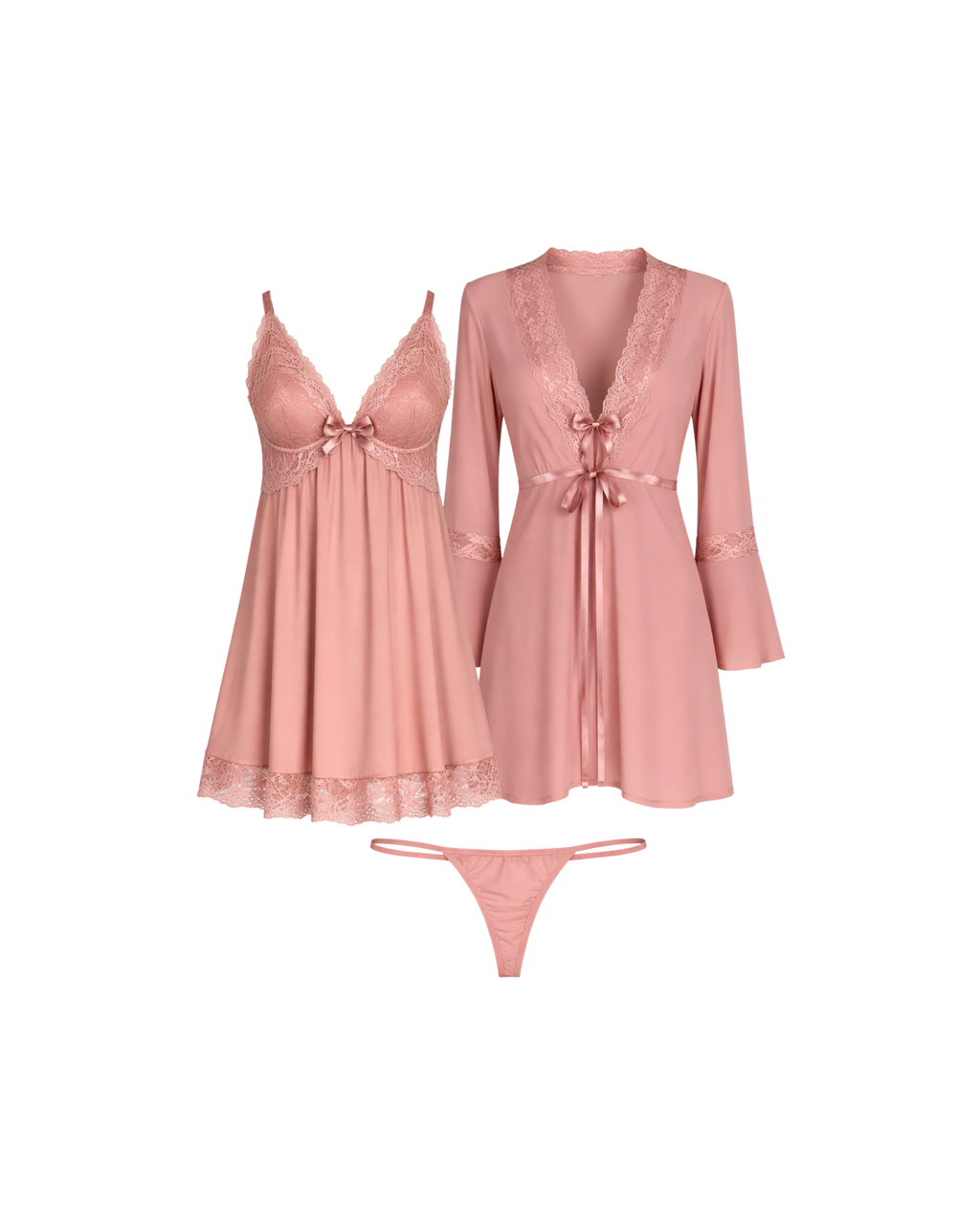 ENSEMBLE NUISETTE SATIN ROSE POUDRÉ AVEC KIMONO & STRING DENTELLE