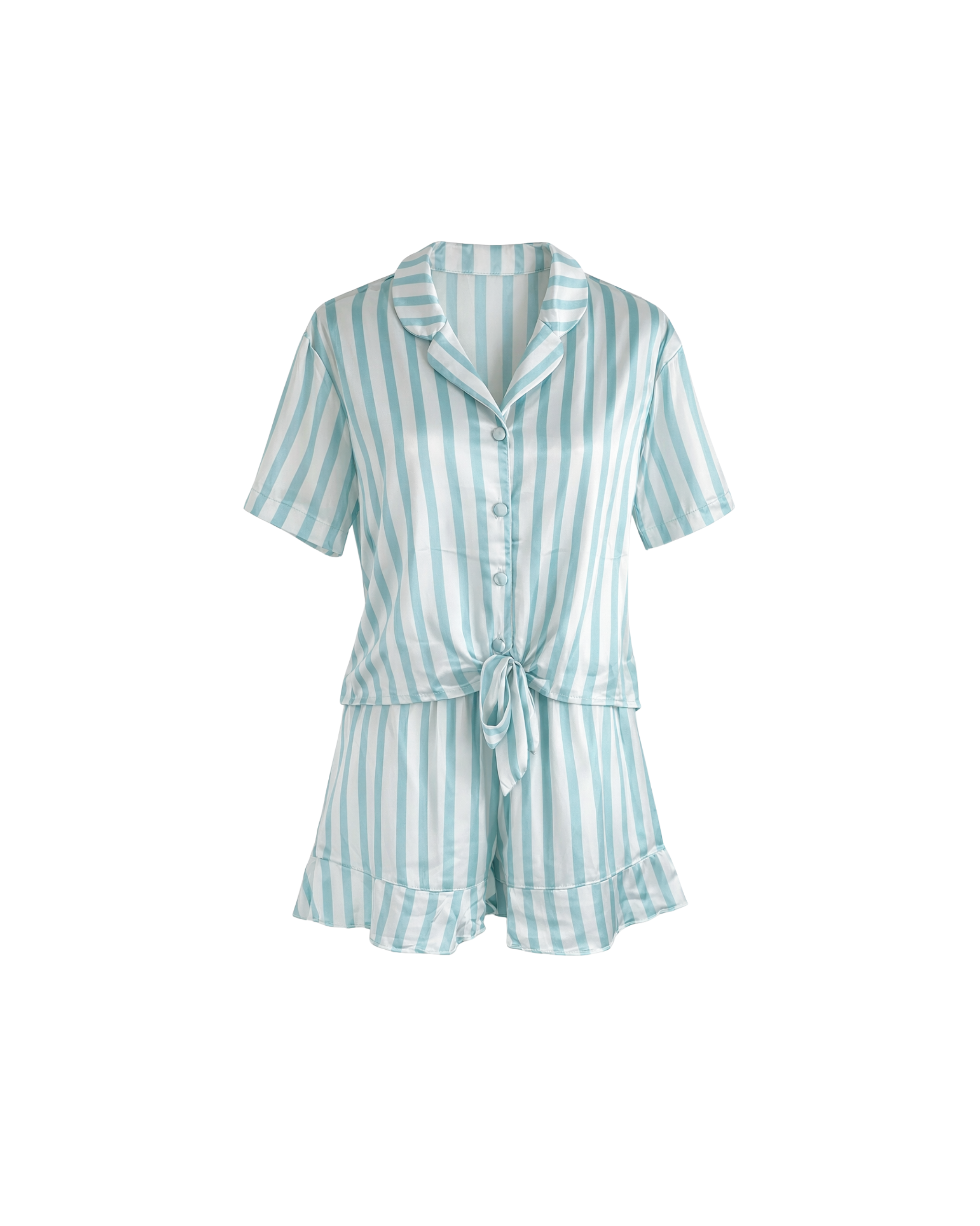 PYJAMA SATIN RAYÉ VERT D’EAU 2 PIÈCES – SHORT À VOLANTS