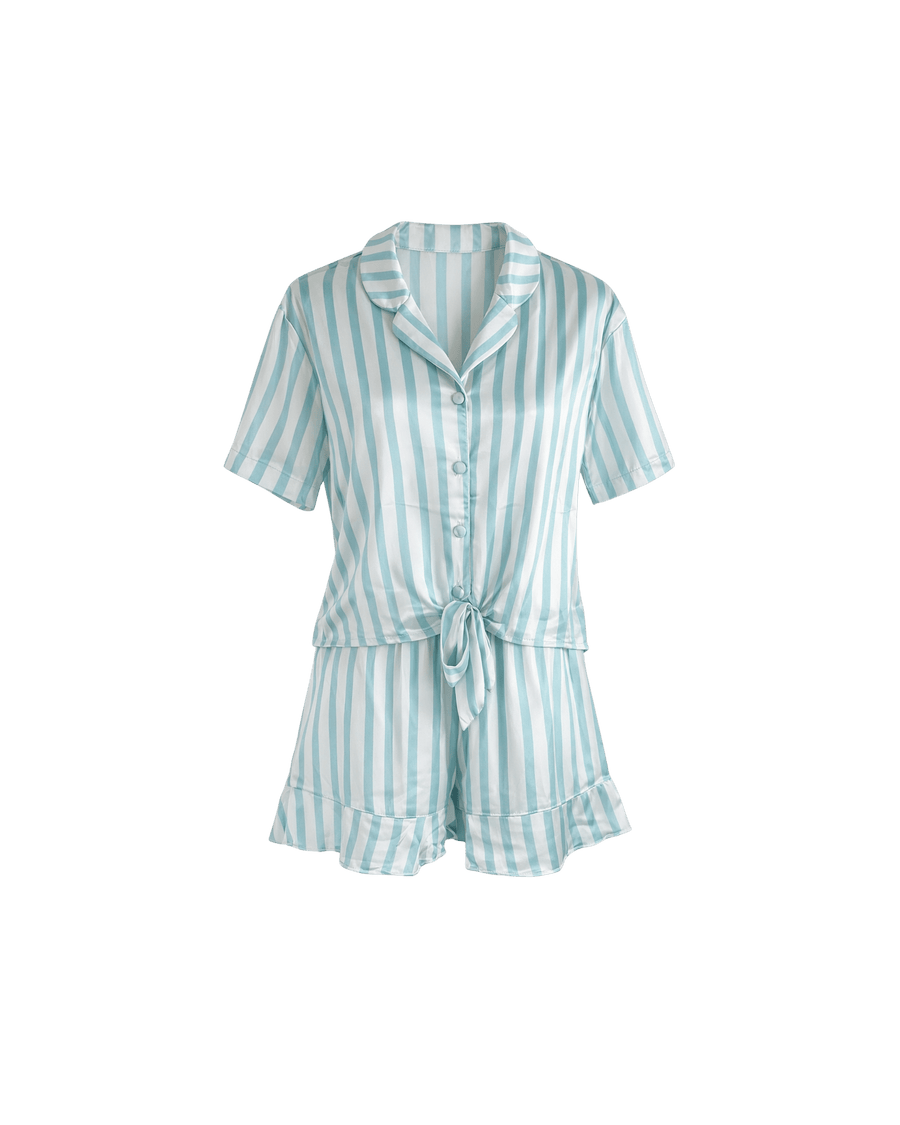 Pyjama Satin Rayé Vert d’Eau 2 Pièces – Short à Volants