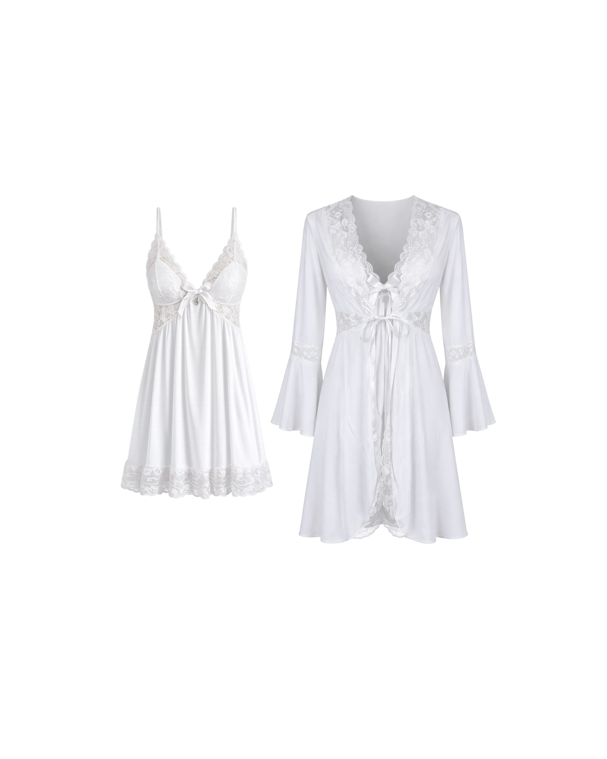 Ensemble Nuisette Blanche Dentelle 3 Pièces – Élégance Satinée & Féminité