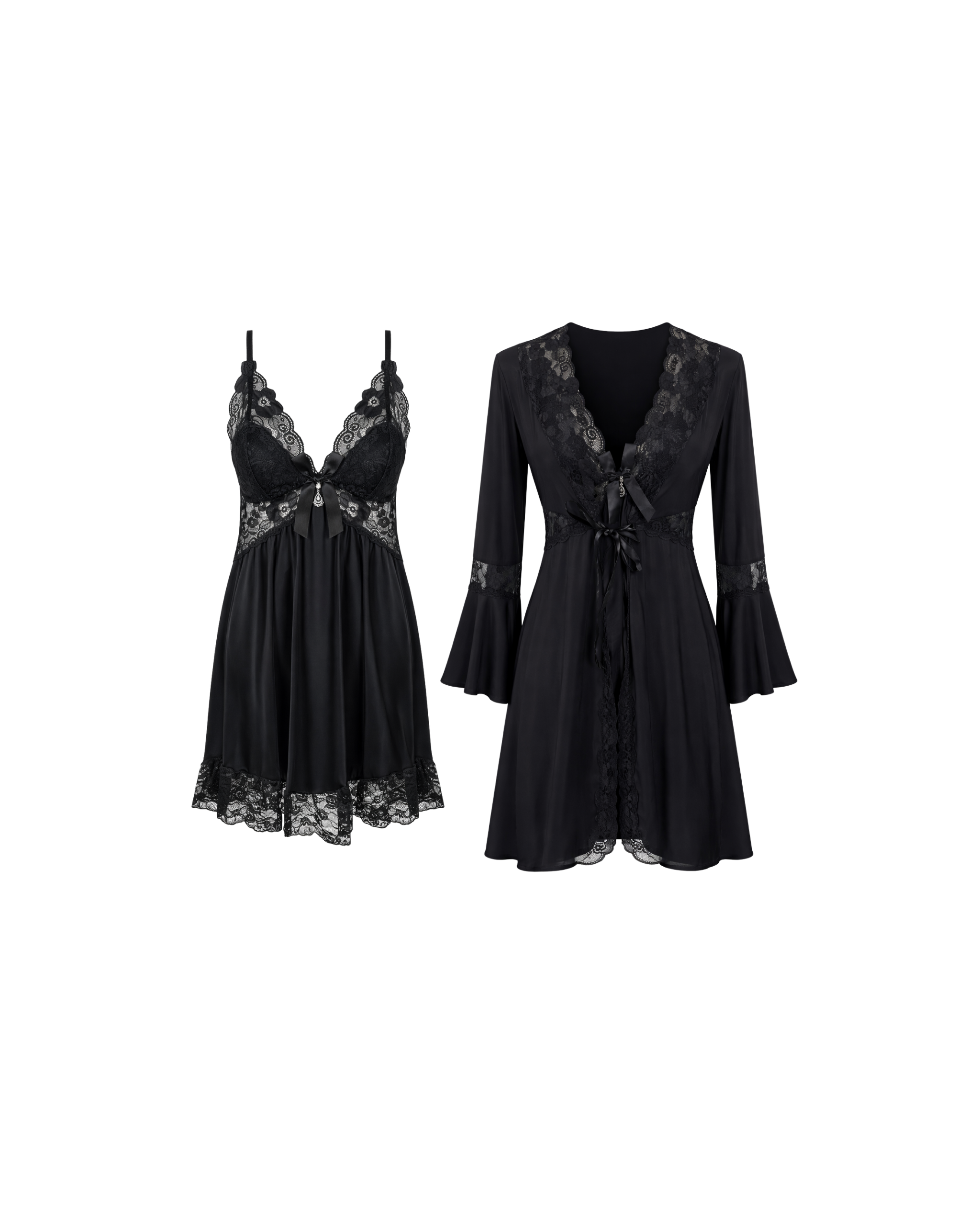 Ensemble Nuisette Dentelle Noir 3 Pièces avec Peignoir & String