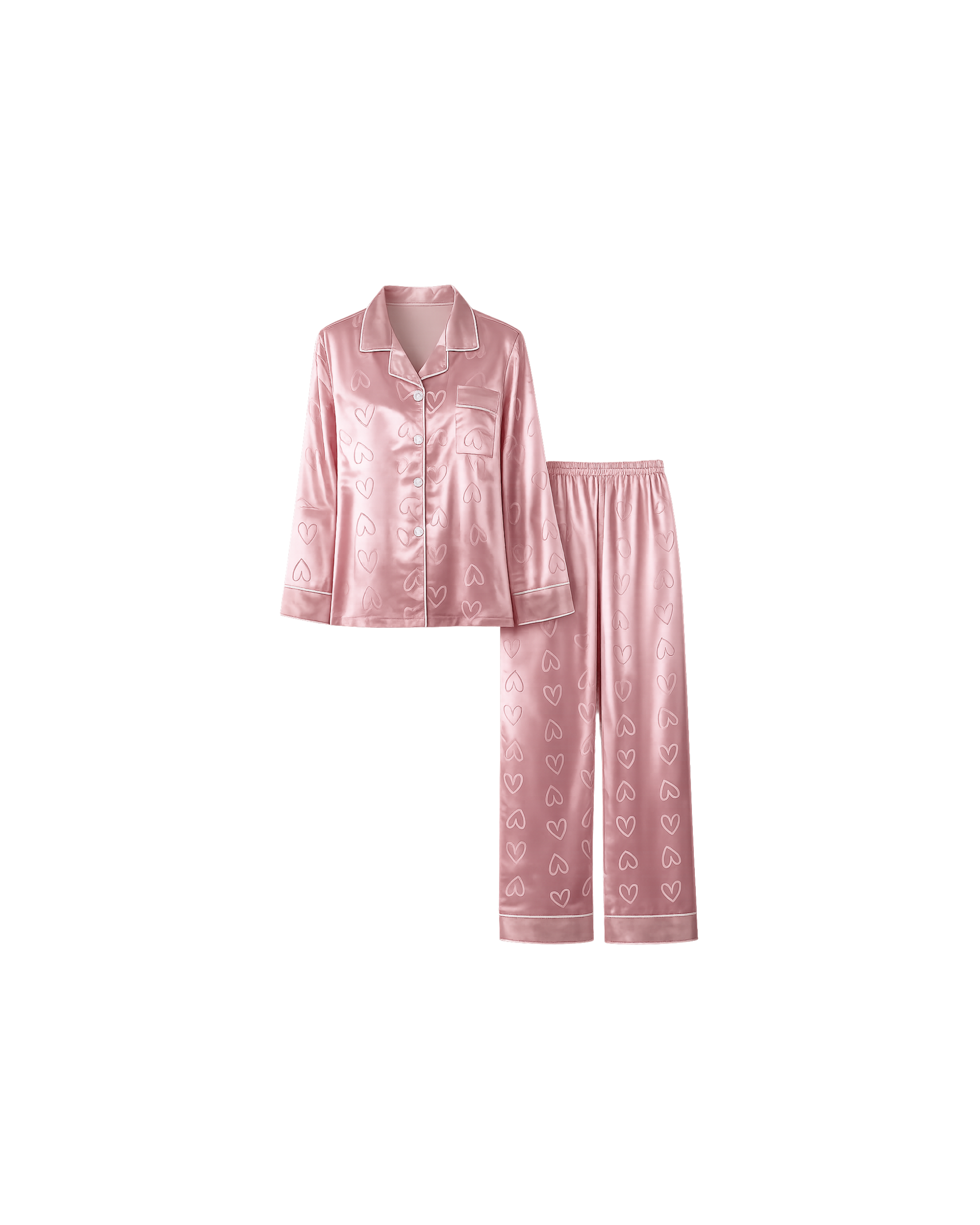 PYJAMA SATIN ROSE CŒURS – ENSEMBLE LONG FEMME