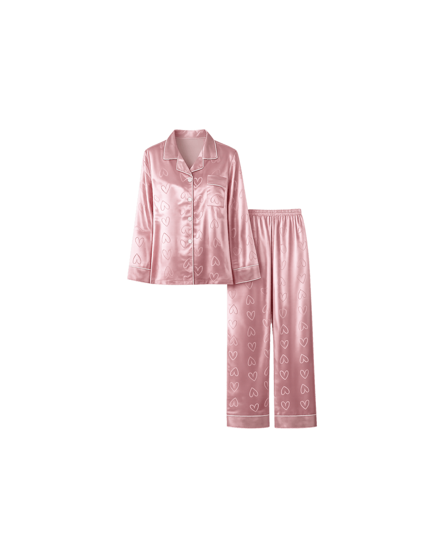 Pyjama Satin Rose Cœurs – Ensemble Long Femme