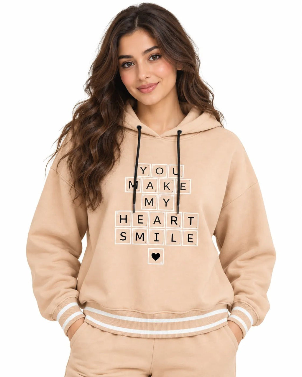 Ensemble Jogging Femme Beige Sable à Capuche Heart Smile - La Sprezzatura pyjamas