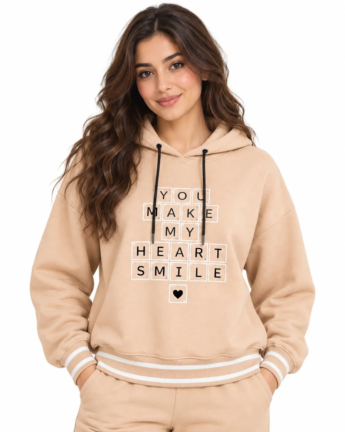 Ensemble Jogging Femme Beige Sable à Capuche Heart Smile - La Sprezzatura pyjamas