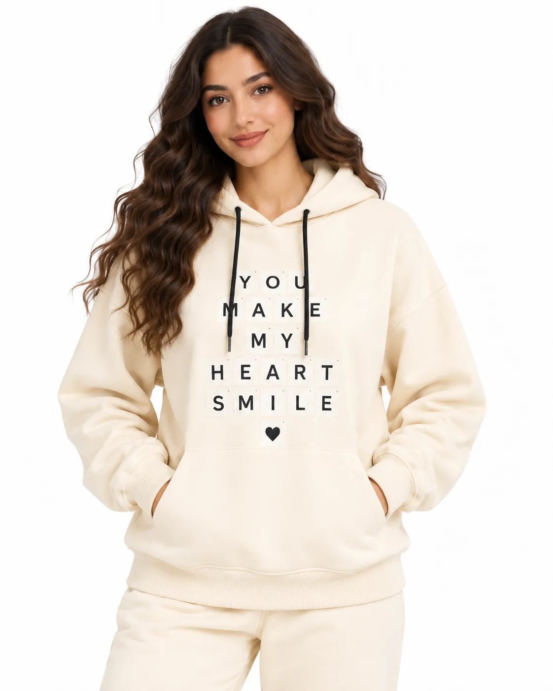 Ensemble Jogging Femme Écru à Capuche Heart Smile - La Sprezzatura pyjamas