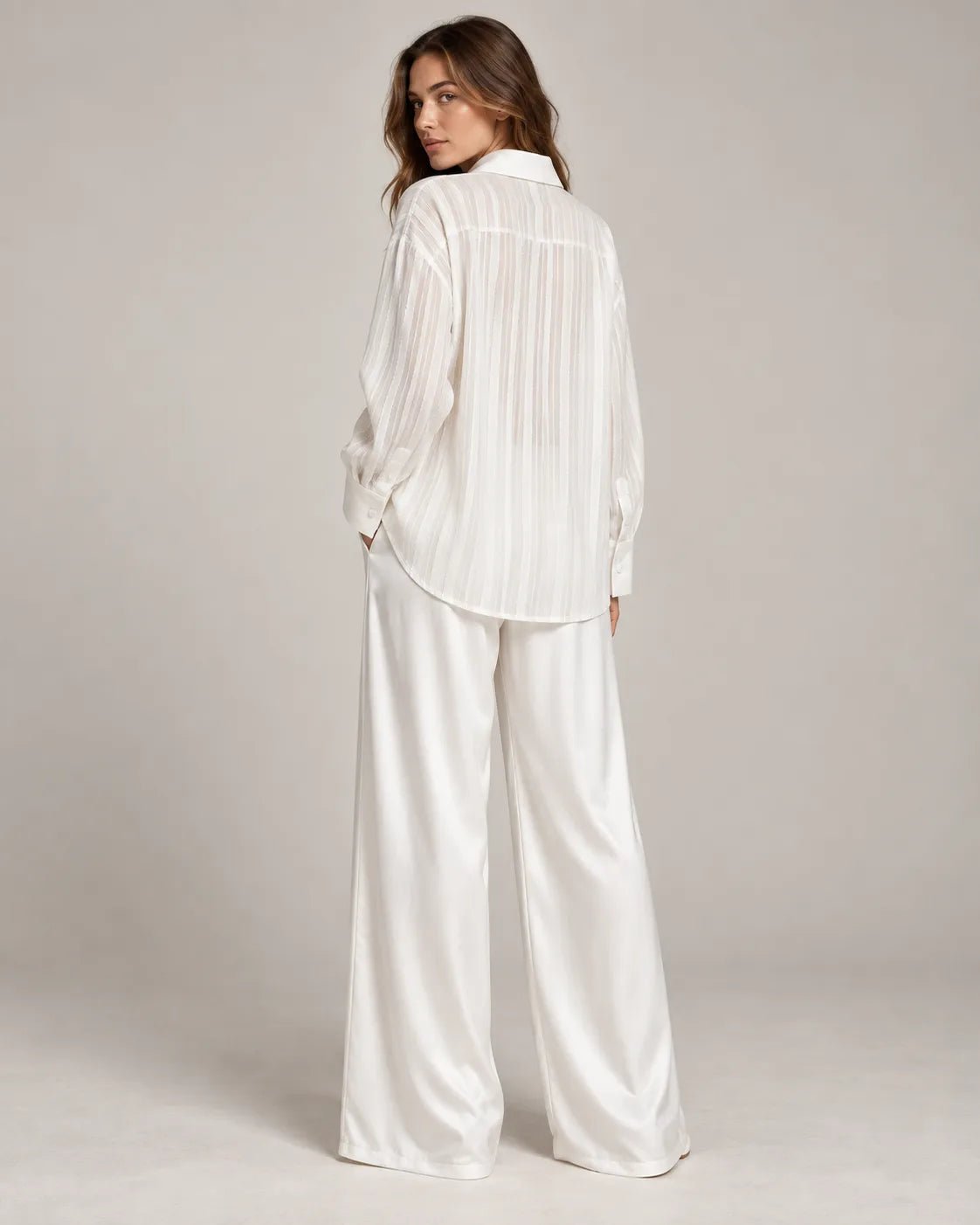 Pyjama Femme Blanc Satin – Chemise Oversize & Pantalon Large - La Sprezzatura pyjamas