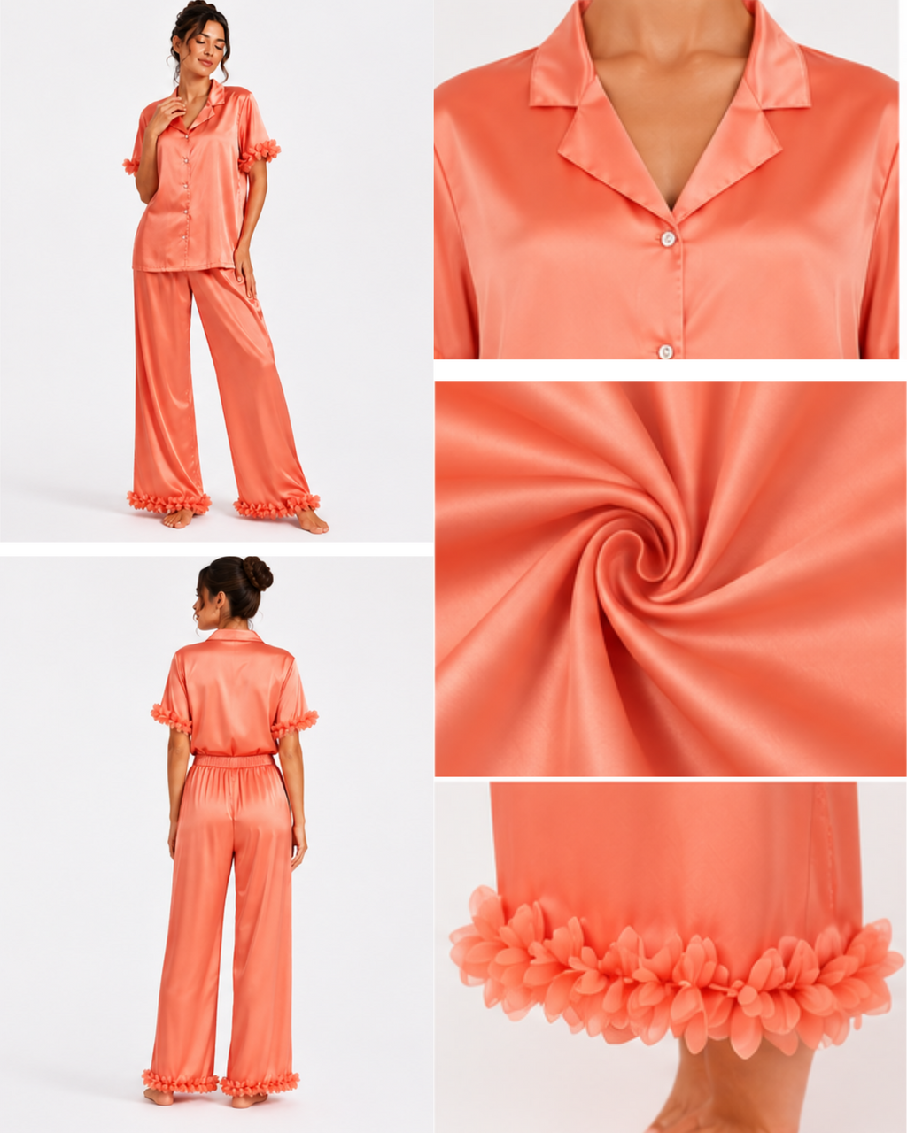 Pyjama Satin Saumon Femme – Ensemble Satiné Fluide à Détails Floraux