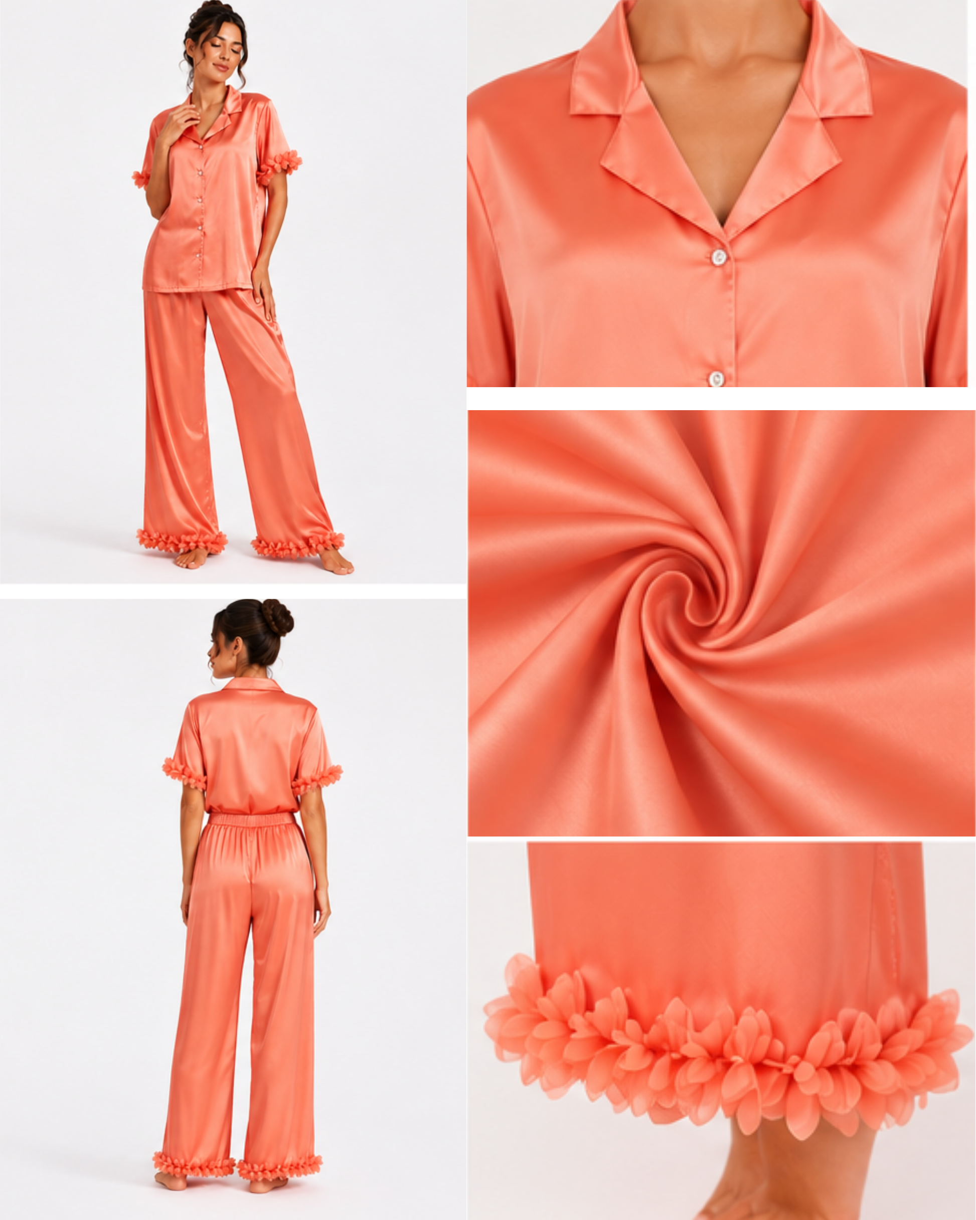 Pyjama Satin Saumon Femme – Ensemble Satiné Fluide à Détails Floraux