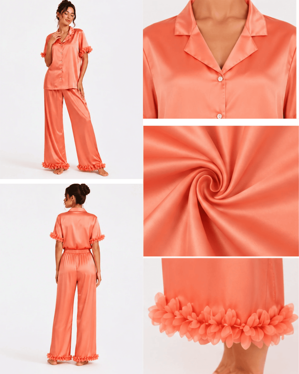 Pyjama Satin Saumon Femme – Ensemble Satiné Fluide à Détails Floraux - La Sprezzatura pyjamas